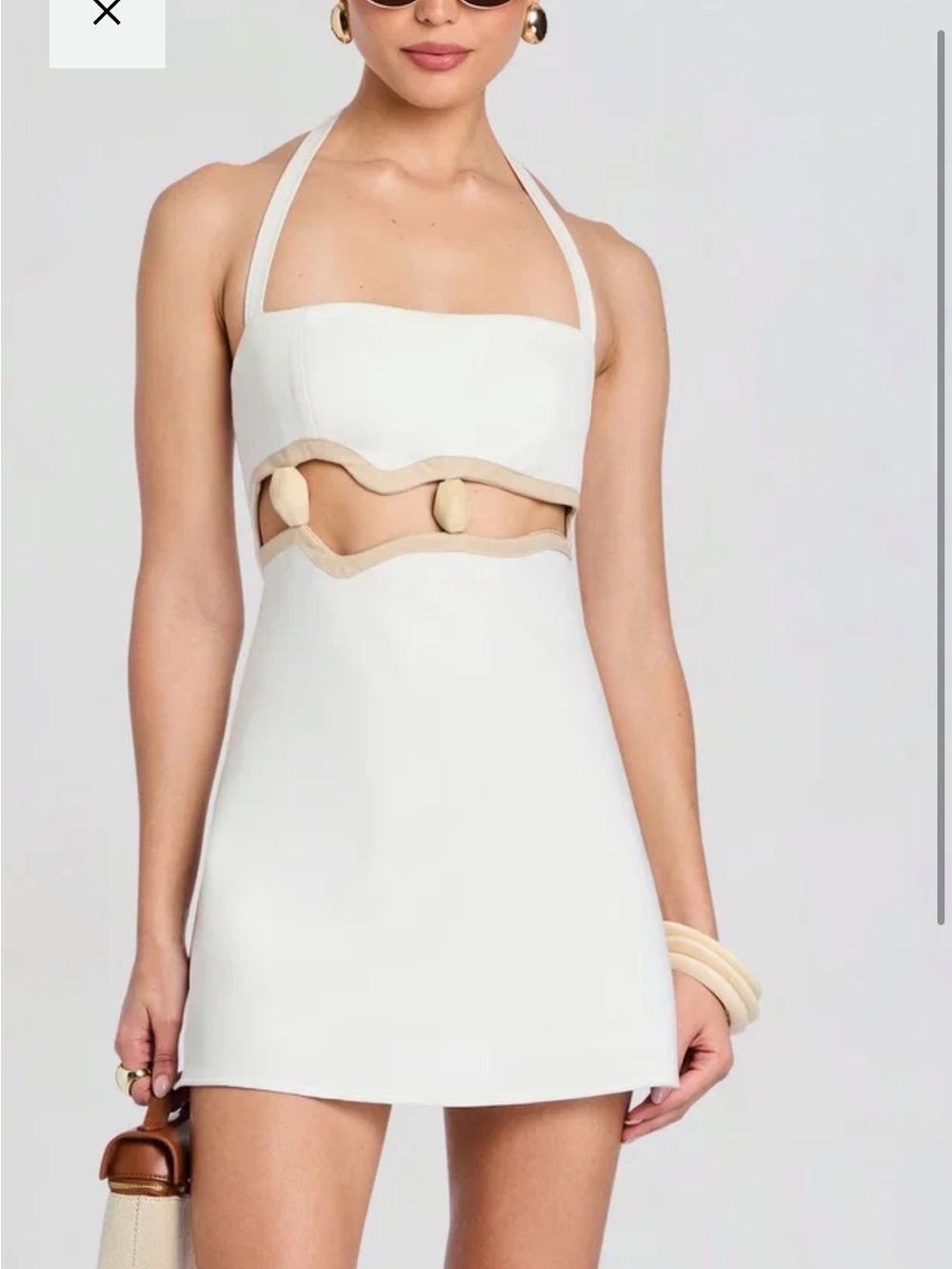 White Halter Mini Dress with Beige Trim